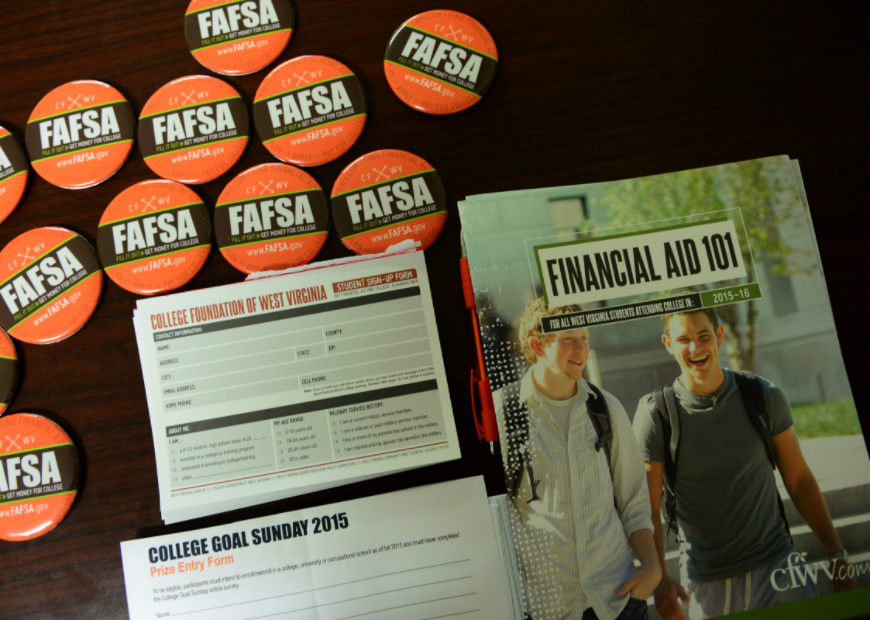 Photo of buttons that say FAFSA and a financial aid booklet