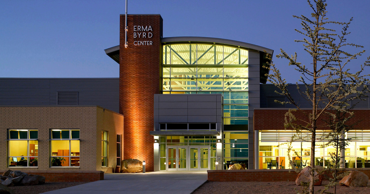 Photo of the Erma Byrd Center building at night